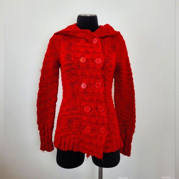Vintage Y2K Wet Seal Wool Blend Cardigan Hooded Red Chunky Knit Buttons Small - Picture 1 of 10